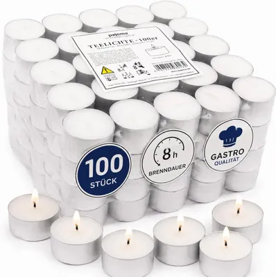 Immagine prodotto di Candele votive senza profumo, marca Pajoma, confezione da 100 pezzi, durata di combustione di 8 ore, ideali per ristoranti, matrimoni