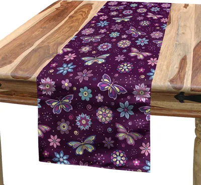 Produktbild von ABAKUHAUS Schmetterling Tischläufer, Vortex-Formen mit Tupfen-Hintergrund-Blumen-Muster-buntem Tierdesign, 40 x 180 cm, Mehrfarbig