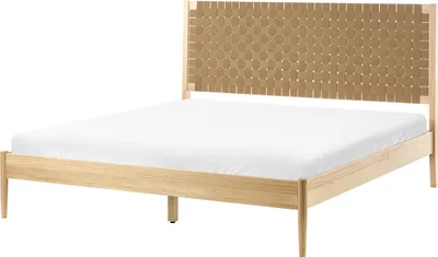 Produktbild von BELIANI Bett Hellbraun Kiefernholz 160 x 200 cm Gepolstertes Kopfteil Lattenrost Minimalistischer Stil Holzbett Schlafzimmermöbel