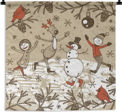 Produktbild von MuchoWow® Wandteppich Wandbehang Illustration - Weihnachten - Schneemann 150x150 cm Tapisserie Dekoration Wandtuch - Wohnaccessoires - Modernes