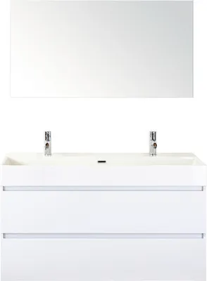 Produktbild von Badmöbel-Set Maxx XL 120 cm mit Keramikwaschtisch 2 Hahnlöcher und Spiegel weiß hochglanz