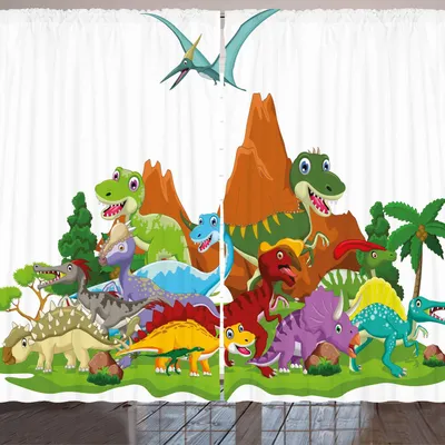 Produktbild von ARANDE Dinosaurier Gardine, Lustige freundliche Dinosaurier in der Karikatur-Art und in der Landschaft mit Bäumen und Berg, 280 x 225 cm, Mehrfarbig