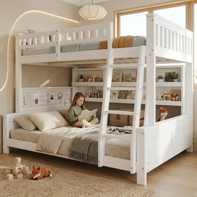 Obrázek produktu pro Patrová postel 120x200 cm / 140x200 cm, bílá, rozdělitelná na 2 samostatné postele s žebříkem, s dvojitými úložnými prostory a perforovanou deskou, dětská postel z dřeva, Obrázek vytvořený pomocí AI