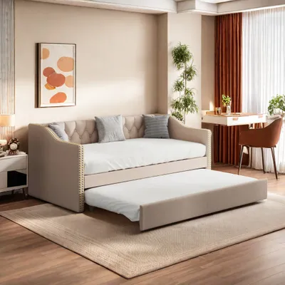 Zdjęcie produktu dla ProximaX Łóżko tapicerowane Łóżko dziecięce 90x200 cm, rozkładana sofa Beżowy Trwała tkanina lniana Łóżko młodzieżowe Łóżko dziecięce Łóżko gościnne
