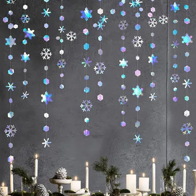 Image de Guirlande de flocons de neige, 16 mètres, papier holographique, idéale pour la décoration de fêtes d'hiver