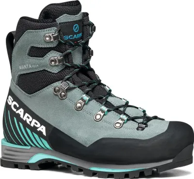 Manta Tech GTX Wmn Bergschuhe von Scarpa in Grau mit schwarzem und türkisfarbenem Design; geeignet für Damen.