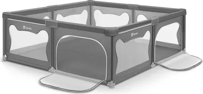 A gray playpen with white accents and openings is shown on a white background.