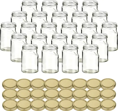 Produktbild von gouveo 24er Set Einmachgläser 314 ml Skew mit Schraubdeckel goldfarben BS - Leere Vorratsgläser mit Schraubverschluss für Marmelade, Honig, Gewürze