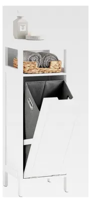 Produktbild von Badezimmerschrank mit Wäschekorb – kompakter Badschrank mit ausklappbarem Wäschesack – platzsparender Wäscheschrank für Badezimmer – Badmöbel aus Holz, Weiß, 30 x 90 x 30 cm