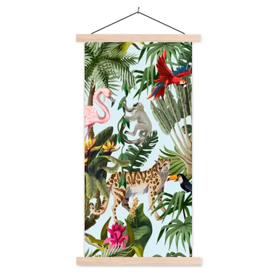 Produktbild von MuchoWow® Textilposter Dschungel - Tiere - Mädchen - Kinder - Jungen - Flamingo - Papagei 40x80 cm mit holzfarbenen Rahmen - Wohnzimmer