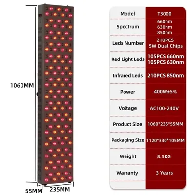 Produktbild von Rotlicht-Therapiepanel - T3000PRO LED-Lampe - 660 nm Rotlicht - 850 nm Nahinfrarotlicht - Doppelchip-LEDs - Für Gesicht und Körper - Hautstraffung