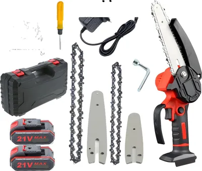 Obrázek produktu pro Mini řetězová pila, přenosná konstrukce, funkce bezpečnostního zámku, dvě baterie, červená, tyčová řetězová pila