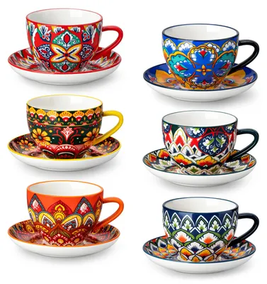 Produktbild von Kaffeetassen-Set - Keramiktassen - 6-teilig - 240 ml - Farbig bedruckt - Für Kaffee, Cappuccino, Tee und Kakao