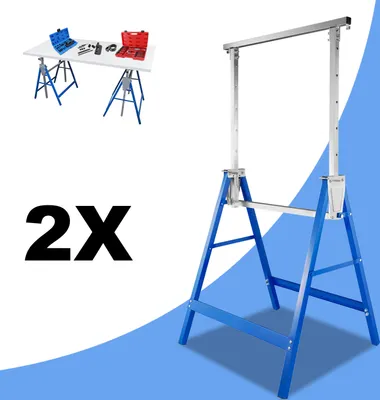 Obrázok produktu pre Yakimz 2× lešenársky kozlík, 7-stupňová nastaviteľná výška 80-130 cm, skladací kozlík, kozlík pod ním, pracovný kozlík do 200 kg，teleskopický kovový kozlík, modrý