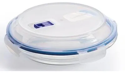 Obrázek produktu pro Skleněná dóza na potraviny o objemu 0,75 litru, řada Pure Box, značka EUROHOME® – vyrobená ze skla a plastu, rozměry 22,9 x 22,9 x 6,1 cm – vhodná pro všechny druhy potravin