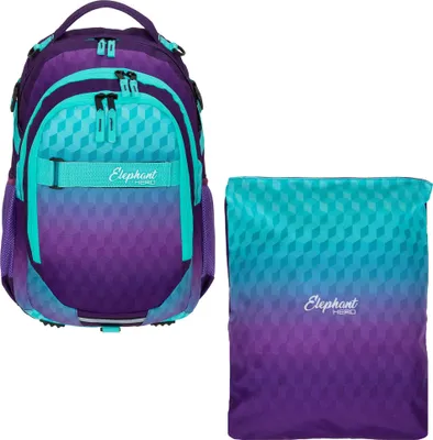 Produktbild von Rucksack 2 Teile Set Elephant Hero Signature Mappe Schulranzen Schulrucksack mit Turnbeutel Mädchen 12868 Violet Cube (Lila-Türkis) rt