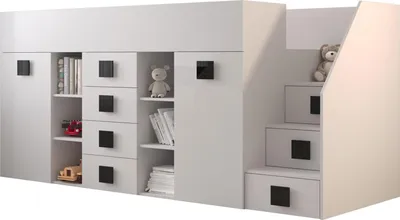 Produktbild von Hochbett "Toledo 3" Kinderbett 90x200cm Schreibtisch weiß Hochglanz Griffe schwarz