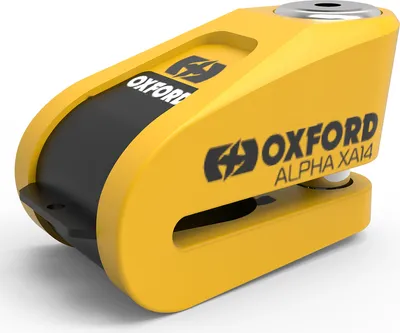 Zdjęcie produktu dla OXFORD Alpha XA14 Blokada tarczy hamulcowej z alarmem – Ø14 mm, stal nierdzewna, czarno-żółta – certyfikaty SRA / ART4 / Sold Secure Gold