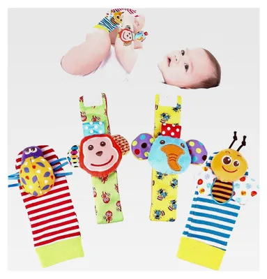 Produktbild von 4er Set Baby Rassel Socken mit Handgelenk Rasseln, Weiches Spielzeug für 0-6 Monate, Tiermotive mit Biene, Käfer, Elefant, Affe