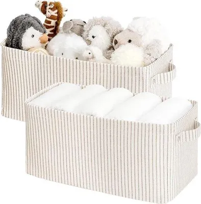 Obrázek produktu pro Skládací úložné boxy, balení po 2 kusech – Úzké úložné boxy s držadly – Obdélníkové úložné boxy do skříní a na dřevěné podlahy – Šedá/bílá