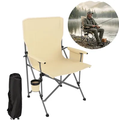 Image de Chaise de pêche pliable XINZI avec structure en acier, porte-gobelet et poche latérale, portable pour le camping, la pêche, le jardin et les activités en plein air, couleur crème