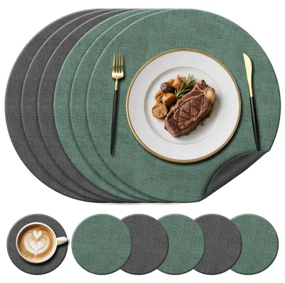 6 runde Kunstleder-Platzsets (38 cm) + 6 Untersetzer (10 cm), Grün/Grau