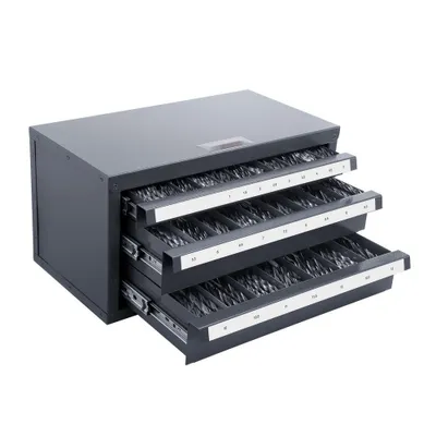 Produktbild von "Bohrer-Spenderschrank - Bohrerorganisator mit 3 Schubladen 1-13 mm - Stahlbohrer-Spendeorganisator mit Etiketten - Stapelbarer Bohrerspender zur Aufbewahrung von Bohrern"