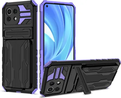 Produktbild von Xiaomi Mi 11 Lite Hülle, Hybrid Robust Schutz Stoßfest Schutzhülle mit Kartenhalter Ständer für Xiaomi Mi 11 Lite Lila