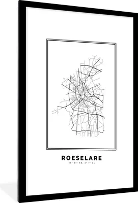 Produktbild von MuchoWow® Gerahmtes Poster Karte - Roeselare - Belgien - Schwarz und weiß - Stadtplan 60x90 cm - Poster mit Schwarzem Bilderrahmen Wandposter Rahmen Foto Bilder - Dekoration - Wandposter Wohnzimmer - Hochwertig