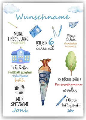 Produktbild von Personalisiertes Geschenk Einschulung Jungen Schulanfang Schultüte Schulanfänger – DIN A4 (21x29.7cm)