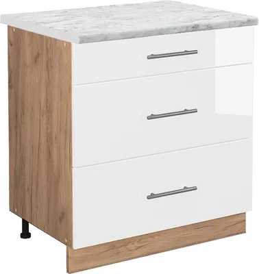 Produktbild von Küchenunterschrank Vicco Fame-Line Weiß Hochglanz 80 cm mit 3 Schubladen, AP Marmor, Model 45811