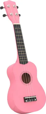 A pink ukulele is shown against a white background.