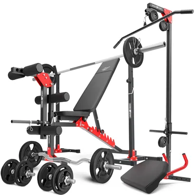 Produktbild von Marbo Sport Set MH25_132KG_KIER | verstellbare Hantelbank + Hantelständer MH-S201 + Beintrainer  + Latzug  + Scott-Bank + Hantelstangen/Hantelscheiben Set 83 kg