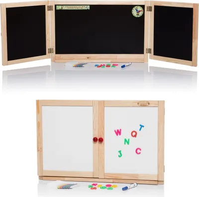 Schreibtafel aufklappbar Kinder SARA2 aus Holz Alphabet und Uhr-Motiv 155x49x2,5 cm