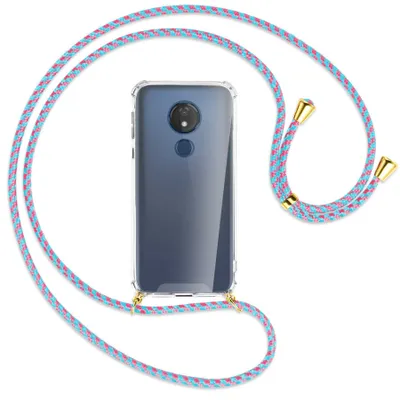 Produktbild von Handykette Backcover-Schutzhülle mit Band (Metall goldfarben) für Motorola Moto G7 Power - pink/mint