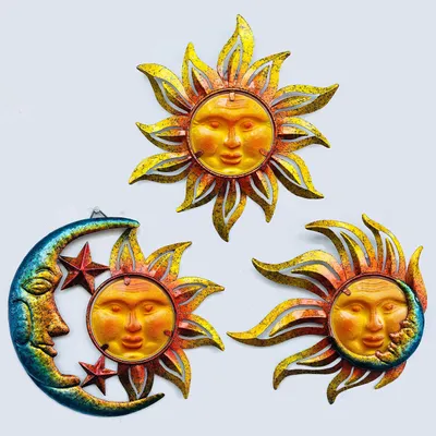 Image de Omgoods - Décoration murale en métal, motif soleil - Lot de 3, pour intérieur et extérieur