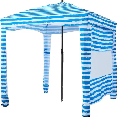 Image de Cabane de plage, 1,83 x 1,83 m Auvent de plage avec paroi latérale, protection UPF 50+ Tente cabane facile à installer avec poches à sable, parasol portable pour toute la famille et les amis, rayures bleues