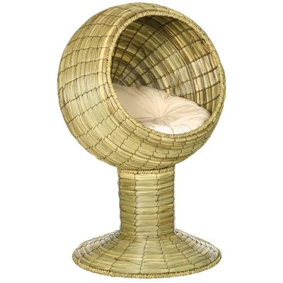 Produktbild von PawHut Ratten Katzenhöhle, Katzenkorb mit Kissen, Haustierbett, Katzenbett, Katzenhütte mit abnehmbarem Sockel für Wohnzimmer, Schlafzimmer, Erhöhtes Design, Gelb, 41 x 41 x 71,5 cm
