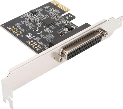 Imagen del producto de Tarjeta paralela PCI Express compatible con el estándar IEEE 1284, con conector DB25, para conexión en ranura PCIE. Permite la conexión de impresoras y otros dispositivos en modo ECP, actuando como controlador LPT para ordenadores de escritorio