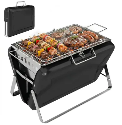 Produktbild von Grill，Holzkohlegrill，Holzkohlegrill aus Edelstahl，Grill aus Edelstahl，Inklusive Grillrost, Griff und Klappständer，40 x 28 x 25,5 cm, schwarz