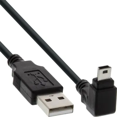 Produktbild von InLine USB 2.0 Mini-Kabel, ST A/Mini-B ST 5pol, unten abgew. 90°, schwarz, 1m, 1 m, USB A, Mini-USB B, USB 2.0, Männlich/Männlich, Schwarz