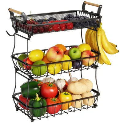 Image de Panier à fruits à 3 niveaux - Panier de rangement - Rangement pour fruits et légumes - Noir - En fil métallique - Grande capacité de stockage