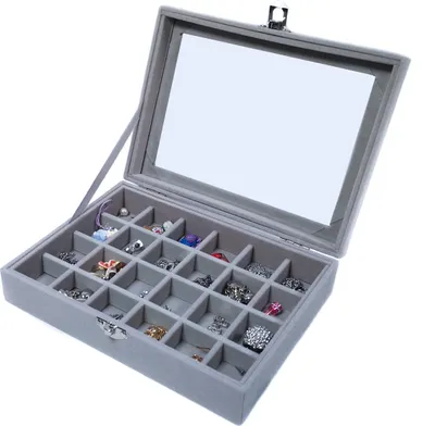 Produktbild von Schmucktablett Schmucklade Schmuckkästchen mit Glasdeckel grau mit 24 Fächer