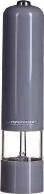 A close-up studio shot of a gray electric pepper mill.