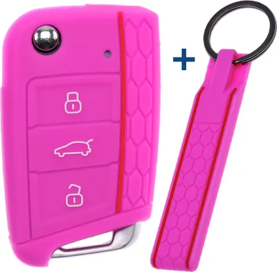 Produktbild von Auto Schlüssel Silikon Schutz Hülle + Schlüsselband im Wabe Design Pink kompatibel mit VW SEAT Skoda Golf 7 Leon Octavia 3 Tasten Klappschlüssel