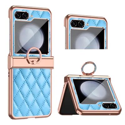 Obrázek produktu pro Pouzdro pro Samsung Galaxy Z Flip 5 galvanizované kožené pouzdro s kroužkovým držákem a ochranou pantu modré
