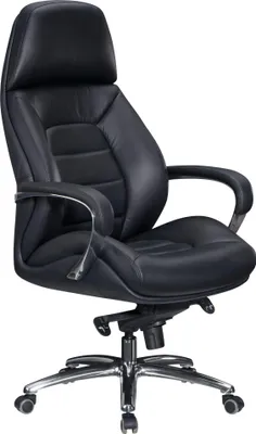 A black leather office chair on a white background.