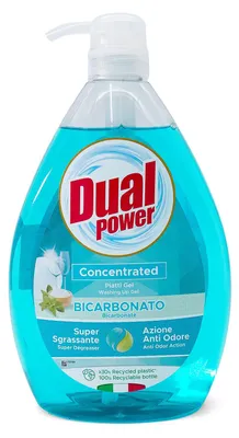 A bottle of Dual Power concentrated dishwashing gel with bicarbonate.