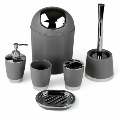 Produktbild von 6tlg Badset Badezimmer Zubehör Set Organizer: (Grau Dunkel Design 1) Seifenspender, Zahnputzbecher, Kosmetikeimer, WC Bürste, Seifenschale, Mülleimer