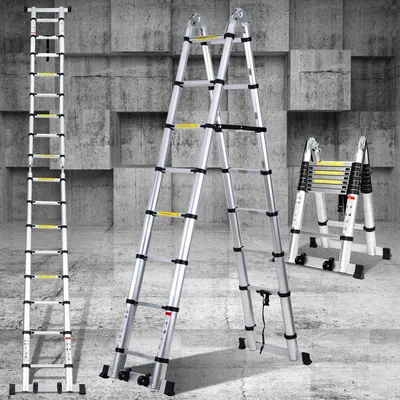 Produktbild von Teleskopleiter 2,5 m Aluminium 8+8 Stufen - Multifunktionale Klappleiter - 150 kg Tragfähigkeit